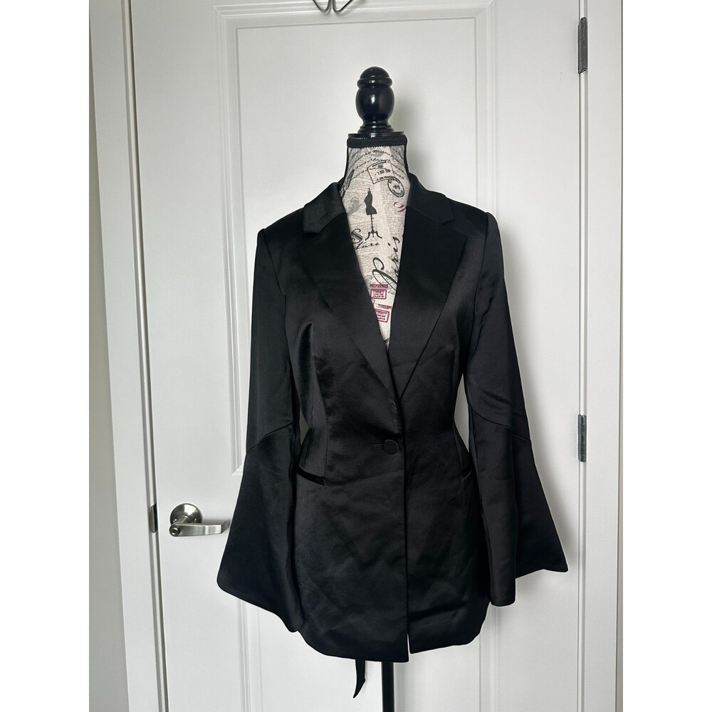 WHBM Satin Black Belted Blazer Size 6 Long Sleeve Formal Jacket NWT - Picture 3 of 9